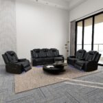 Black Breathing Leather 3-Piece Living Room Recliner Sofa Set--Self-delivery Only - Image 6
