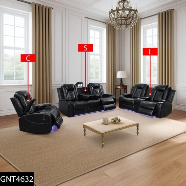 Black Breathing Leather 3-Piece Living Room Recliner Sofa Set--Self-delivery Only