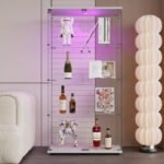 Two-door LED Lights Glass Display Cabinet 4 Shelves With Door, Floor Standing Curio Bookshelf For Living Room Bedroom Office, 64.7x31.7x14.3, White