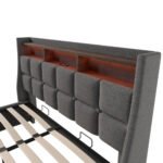Upholstered Double Bed 150 X 200 Cm With LED Lighting, USB Type-C Charging Function, Storage Headboard, 5FT King Size Storage Bed Frame With Metal Slatted Frame, Linen, Grey No Mattress - Image 7