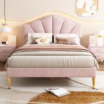 Velvet Upholstered Bed,King Size Bed-5ft 150x200cm  Shell-like Bed With Golden Iron Legs, Height-adjustable Headboard, Wooden Slatted Frame - Image 7