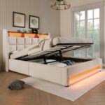 Upholstered Double Bed 150 X 200 Cm With LED Lighting, USB Type-C Charging Function, Storage Headboard, 5FT King Size Storage Bed Frame With Metal Slatted Frame, Linen, Beige No Mattress - Image 4