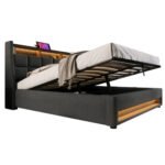 Upholstered Double Bed 150 X 200 Cm With LED Lighting, USB Type-C Charging Function, Storage Headboard, 5FT King Size Storage Bed Frame With Metal Slatted Frame, Linen, Grey No Mattress - Image 2