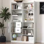 Bookshelf And Bookcase With Pegboard And Drawer, 9 Cubby Display Book Shelves, Modern Wide Wood Shelving Unit For Living Room, White - Image 6