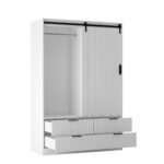 Tall Bedroom Armoire Wardrobe Closet Clothing Storage Cabinet With Hanging Rod Barn Door Drawers Open Shelves,White - Image 7