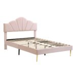 Velvet Upholstered Bed,King Size Bed-5ft 150x200cm  Shell-like Bed With Golden Iron Legs, Height-adjustable Headboard, Wooden Slatted Frame - Image 5
