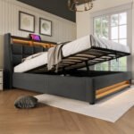 Upholstered Double Bed 150 X 200 Cm With LED Lighting, USB Type-C Charging Function, Storage Headboard, 5FT King Size Storage Bed Frame With Metal Slatted Frame, Linen, Grey No Mattress - Image 5