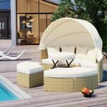 TOPMAX Patio Furniture Round Outdoor Sectional Sofa Set Rattan Daybed Two-Tone Weave Sunbed With Ret - Image 3