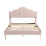 Velvet Upholstered Bed,King Size Bed-5ft 150x200cm  Shell-like Bed With Golden Iron Legs, Height-adjustable Headboard, Wooden Slatted Frame - Image 9