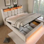 Upholstered Double Bed 180 X 200 Cm Cm With LED Lighting, USB Type-C Charging Function, Storage Headboard, 6FT Super King Size Storage Bed Frame With Metal Slatted Frame, Linen, Beige No Mattress - Image 5